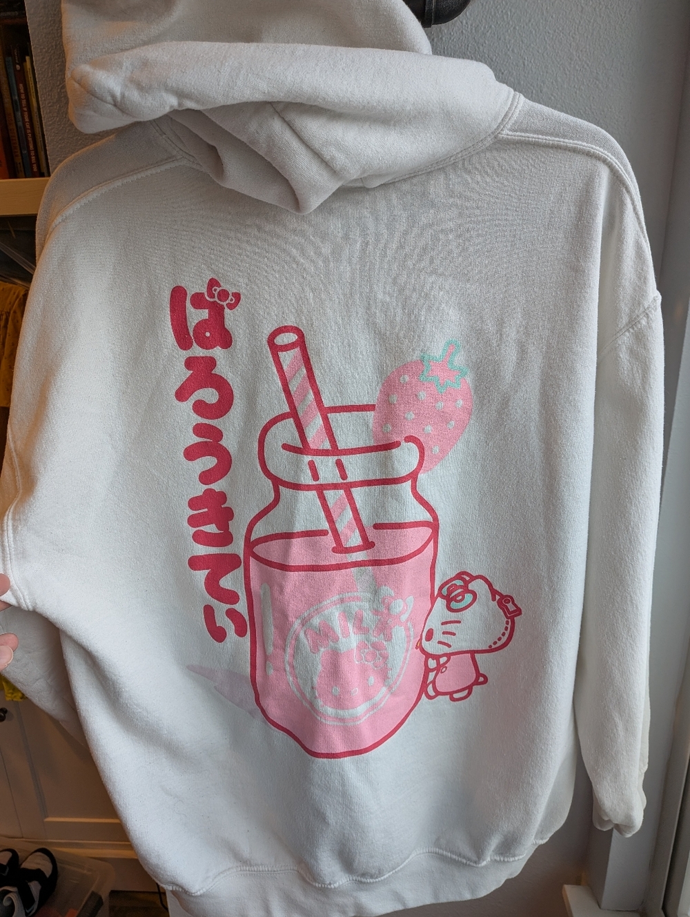 Hello Kitty Sanrio Strawberry Milk Hoodie White Kawaii Y2K Manga Sleeve
